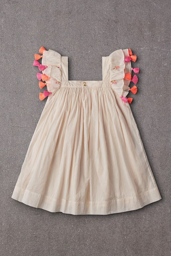 Little Otter Girls' Ivory Tassel Flutter Sleeve Dress