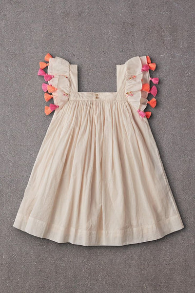 Little Otter Girls' Ivory Tassel Flutter Sleeve Dress